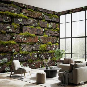 Living Room Moss & Lichen Bloom Brick Wallpaper Mural