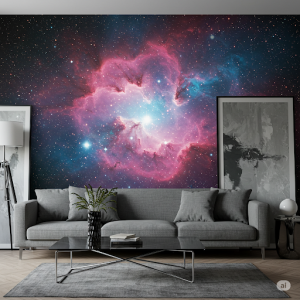 Living room artistic depiction of space outer space wallpaper mural.