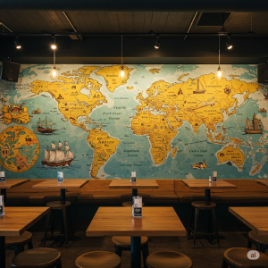 Local bar indoor mural featuring the world map.