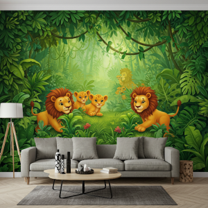 Lush 3D foliage with friendly lions mural