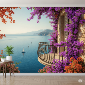 Mediterranean Balcony with Ocean View 3D Wallpaper Mural. A wrought-iron balcony extends from the brick wall, complete with overflowing bougainvillea. Beyond the balcony, a serene Mediterranean sea with a distant coastline and a few sailing boats.