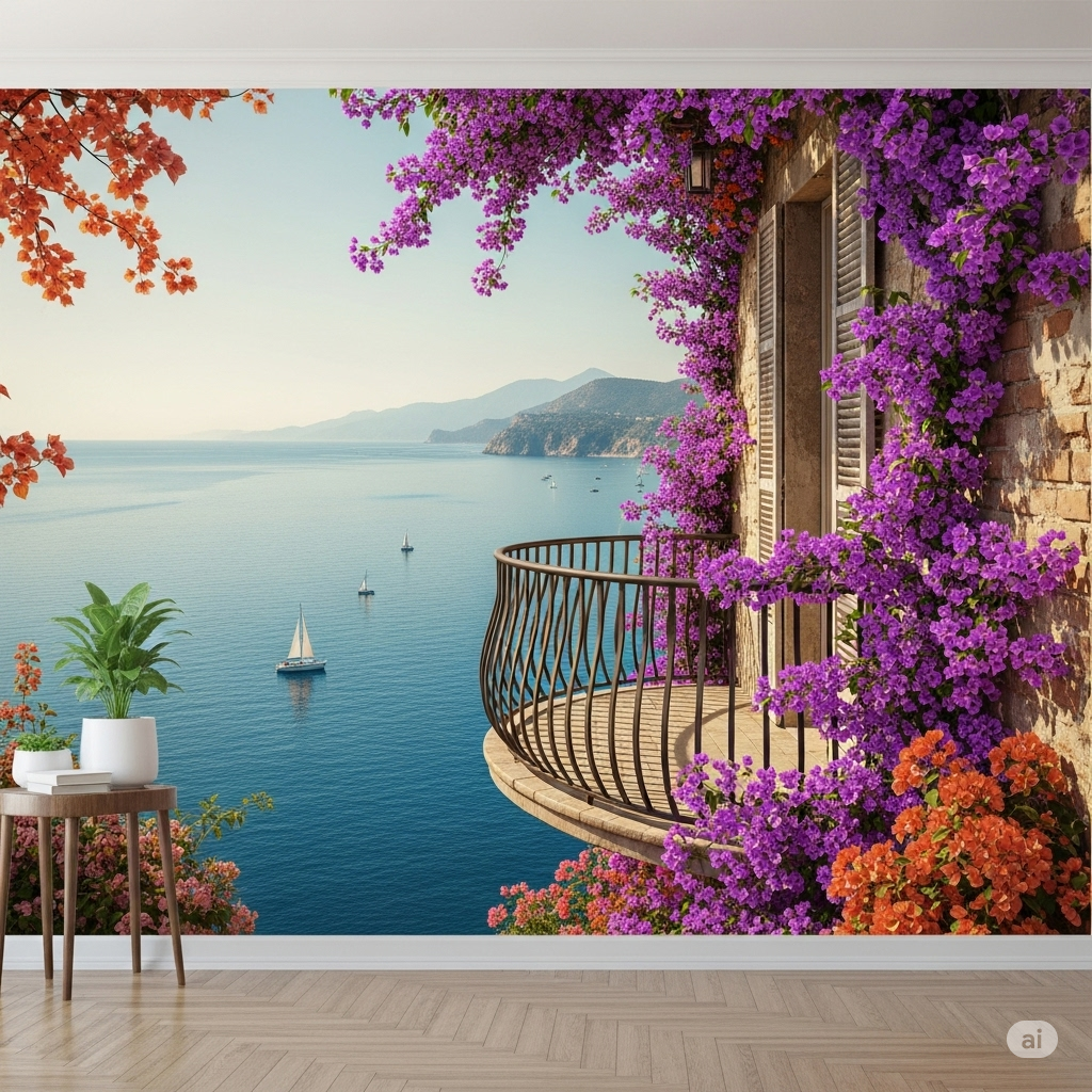 Mediterranean Balcony with Ocean View 3D Wallpaper Mural. Mediterranean Balcony with Ocean View 3D Wallpaper Mural. A wrought-iron balcony extends from the brick wall, complete with overflowing bougainvillea. Beyond the balcony, a serene Mediterranean sea with a distant coastline and a few sailing boats.