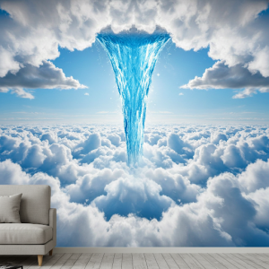 Magical Waterfall into the Clouds 3D Wallpaper Mural. Water flows upwards into fluffy clouds.