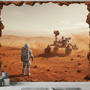 Mars Rover Perspective Mural. A low-angle shot of a rover on the Martian surface with an astronaut nearby.