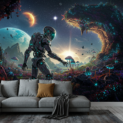 Mechanical Astronaut Wallpaper Mural of a futuristic robot-like astronaut exploring a planet. Mechanical Astronaut Wallpaper Mural of a futuristic robot-like astronaut exploring a planet.