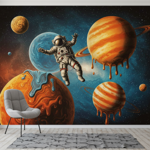 Melting Planets Wallpaper Mural of A Dali-esque scene with planets appearing to melt and flow around an astronaut.