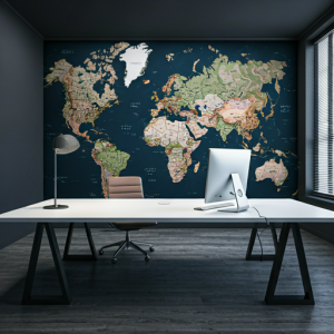 Minimalistic office interior design with world map mural