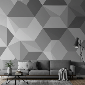Monochromatic 3D Geometric Wallpaper Mural, various shades of grey creating depth and dimension in geometric shapes.