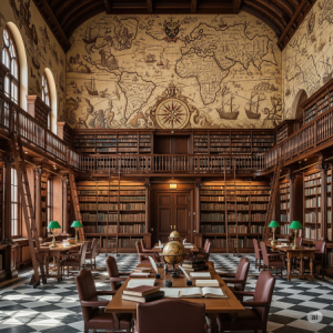 Museum library adorned with an old map of the world mural
