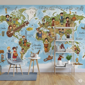 Musical Journey Map. Illustrated musical instruments or children playing traditional music from various cultures around the world.