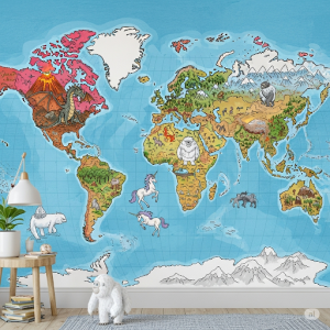 Mythical Animal World Map Wallpaper Mural. A fun, imaginative map showing where mythical creatures (dragons, unicorns, yetis) might reside in different parts of the world.