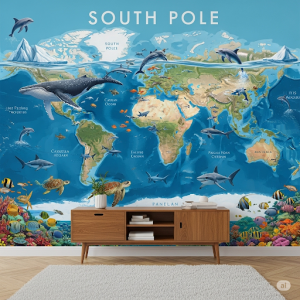 Oceanic Creatures World Map Wallpaper Mural. While showing land, the focus is on the oceans, filled with whales, dolphins, sharks, colorful fish, and sea turtles in their respective habitats.