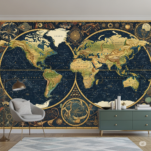 Old Celestial Charts Integrated Bedroom. A mural incorporating elements of vintage star charts or constellations in the oceans or borders. Generate an original image.