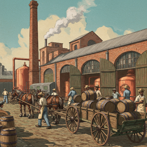 Old-Timey Brewery Scene Mural: Horse-drawn carts delivering barrels, bustling African brewery workers.