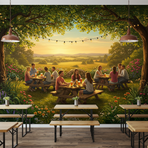 Outdoor Beer Garden Scene Wallpaper.