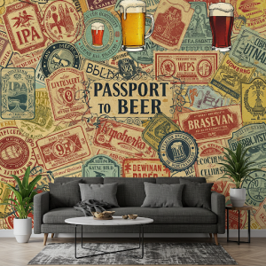 "Passport to Beer" Wallpaper Mural. A design incorporating stamps and different beer styles.
