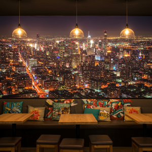 Photomural with image of night megalopolis. 