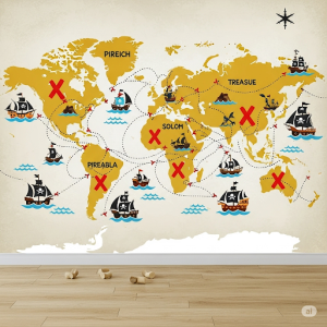 Pirate Treasure Map. A stylized mural with dotted lines for routes, and fun pirate ship illustrations.