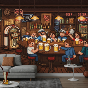Pixel Art Beer Scene Wallpaper Mural. A retro, pixelated depiction of a bar.