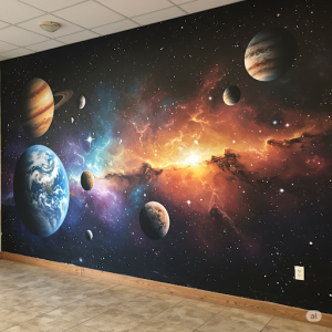 Planets appearing to float in front of distant nebulae, an indoor mural.