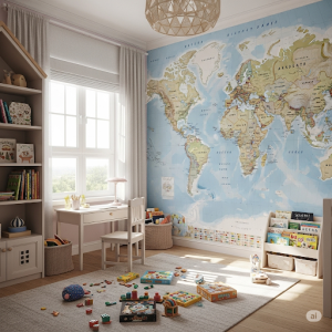 Play and study area in a child's room, world map wallpaper mural.