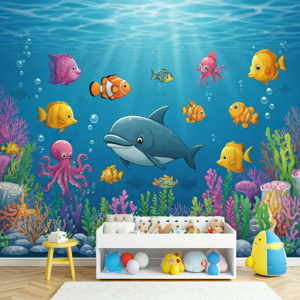 Playful sea creatures wallpaper mural