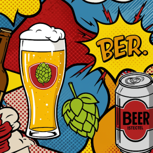 Pop Art Beer Icons Wallpaper Mural. Bold, graphic interpretations of beer elements.