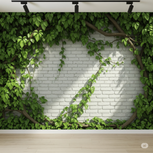Realistic 3D vines and leaves grow over and around the whitewashed brickwork, adding natural elements to the indoor mural. 