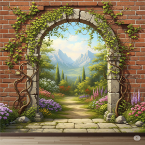 Rustic Archway to a Secret Garden 3D Brick Wallpaper Mural.