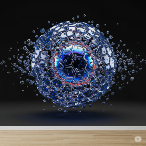 Shattered Sphere 3d ball Wallpaper. A mural depicting a large sphere appearing to shatter into countless smaller, reflective 3D balls, creating a dynamic, fragmented look.