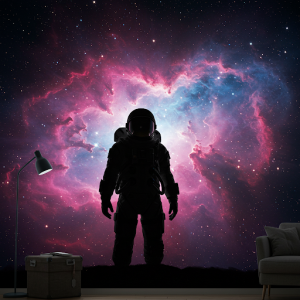 Silhouetted astronaut against a vibrant nebula. 3d wallpaper.