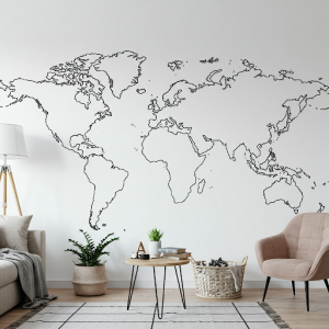  Simple black outlines of continents on a white background for a clean, modern look wallpaper mural