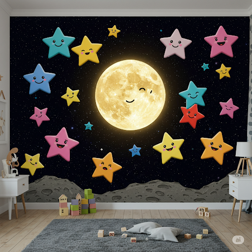 Smiling stars and a cheerful moon 3d space wallpaper mural Smiling stars and a cheerful moon 3d space wallpaper mural