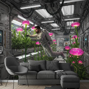 Space Garden Wallpaper Mural. An astronaut tending to glowing, otherworldly plants in a zero-gravity greenhouse.