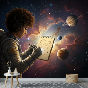 Space Traveler's Sketchbook Wallpaper Mural of an Astronaut sketching planets and stars on a floating notepad.