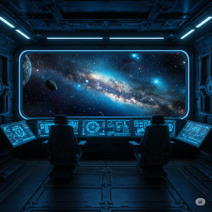 Spaceship Interior View Wallpaper Mural. Simulating the inside of a spacecraft with visible panels, screens, and a view of space through a window.