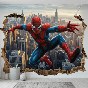 Spider-Man swinging through a cityscape 3d wall mural