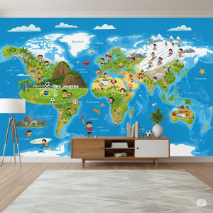 Sports Around the World Wallpaper Mural. Kids playing different sports in their respective regions (e.g., soccer in Brazil, skiing in snowy mountains).