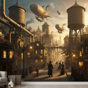 Steampunk Cityscape 3D Wallpaper Mural. Victorian-era technology blended with futuristic elements.
