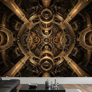 Steampunk Gears and Cogs 3D Wallpaper Mural, intricate mechanical elements with a metallic sheen and a sense of depth. 