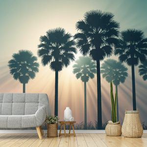 Sun rays illuminating the silhouettes of palm trees wallpaper