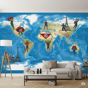 Superheroes Saving the World Map Wallpaper Mural. A map where different superheroes are depicted protecting their respective regions or iconic cities.