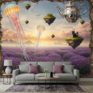 Surreal Dreamscape. A bizarre and imaginative scene 3d wallpaper mural with unexpected elements.