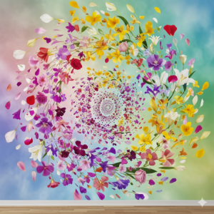 Swirling Petal Vortex Wallpaper: A dynamic mural where petals and flowers are arranged in a swirling, spiral pattern, creating a sense of movement and energy.