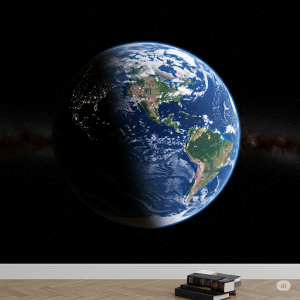 The Blue Marble in Deep Space. A breathtaking view of the full, vibrant Earth suspended against the infinite darkness of space, dotted with distant stars. 