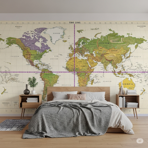 Time Zones Map. The mural displays the different time zones, with a clear meridian line.