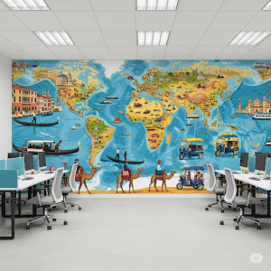 Transportation Hub Office Wallpaper Mural. A map showing different modes of transport relevant to each region (e.g., gondolas in Venice, rickshaws in Asia, camels in deserts).