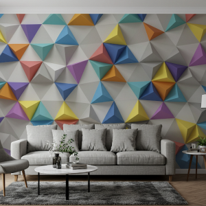 Triangles combine to create dynamic living room mural patterns.