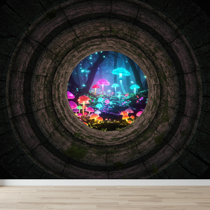 Tunnel that opens into a glowing mushroom forest mural