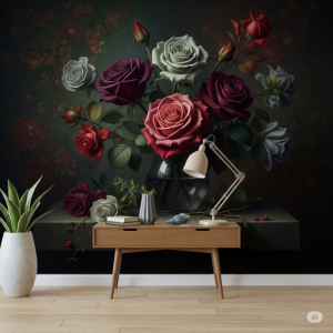 Victorian Vignette - Dark and Moody Still Life Roses 3D Wallpaper Mural